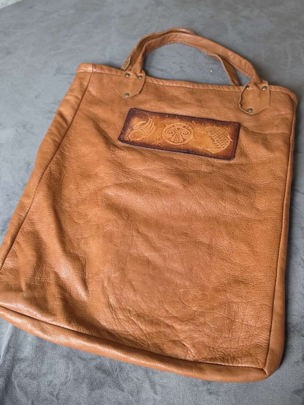 Handmade Tan Leather Tote Bag with Embossed Symbols